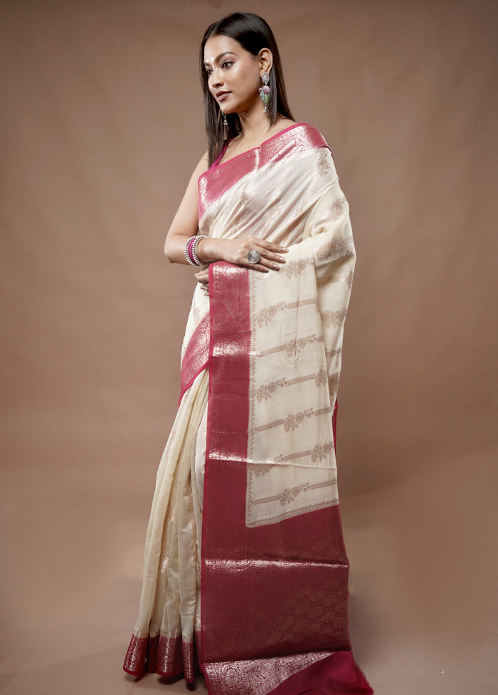 Cream Kora Silk Saree With Blouse Piece - Indian Silk House Agencies