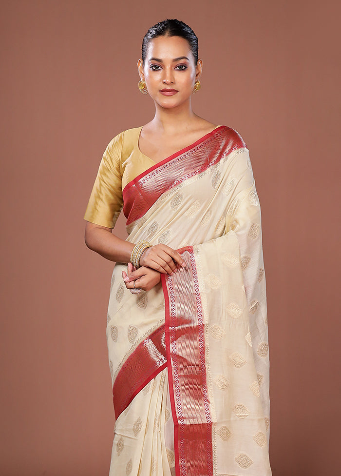Cream Kora Silk Saree With Blouse Piece