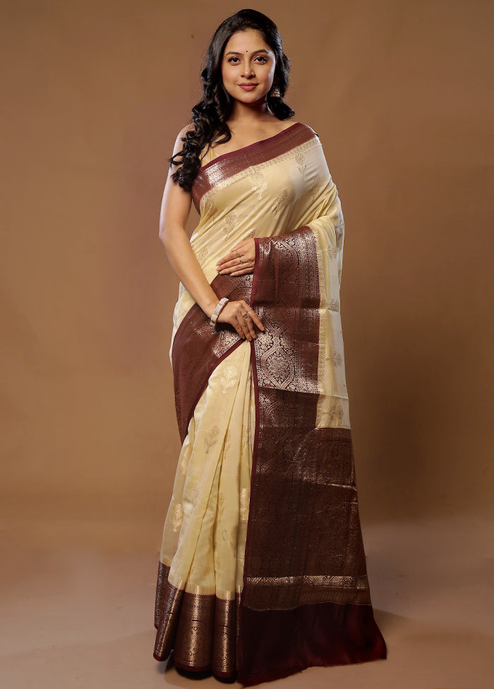 Cream Kora Silk Saree With Blouse Piece - Indian Silk House Agencies