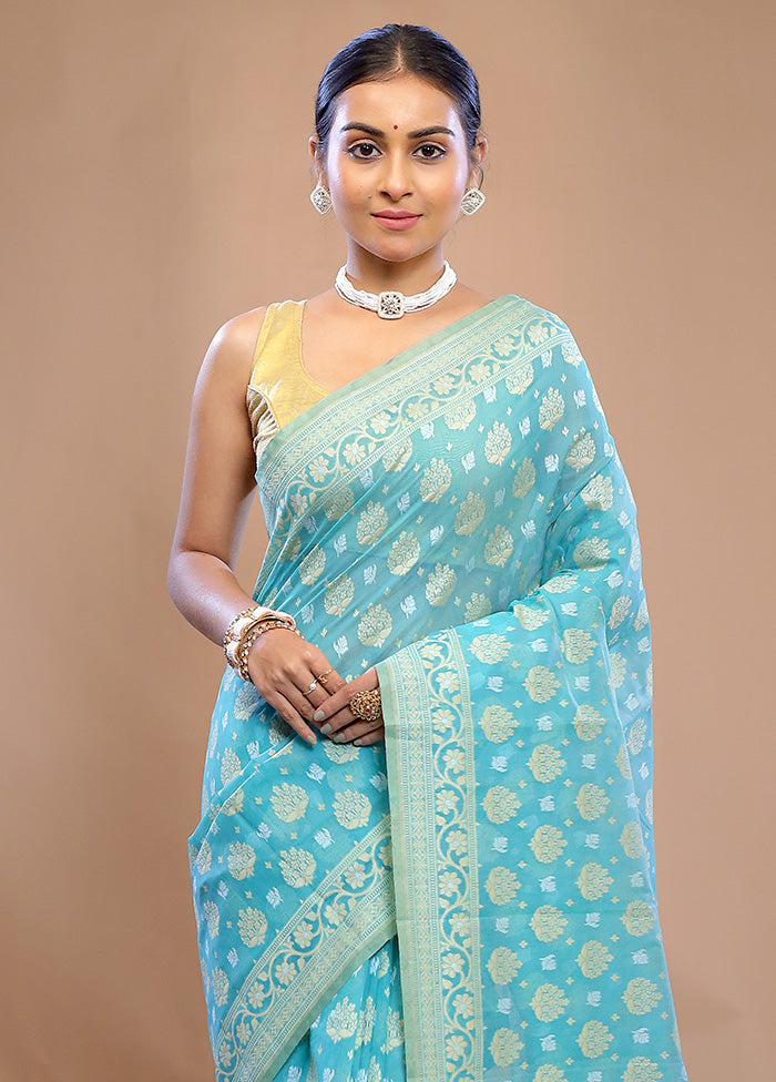 Blue Kora Silk Saree With Blouse Piece - Indian Silk House Agencies