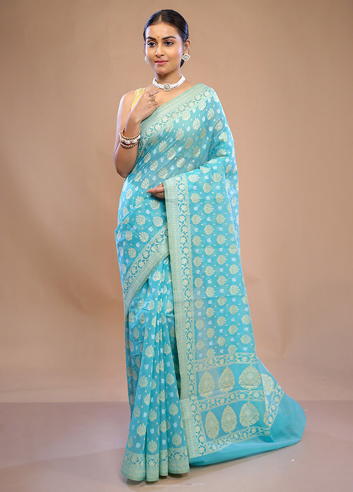 Blue Kora Silk Saree With Blouse Piece - Indian Silk House Agencies