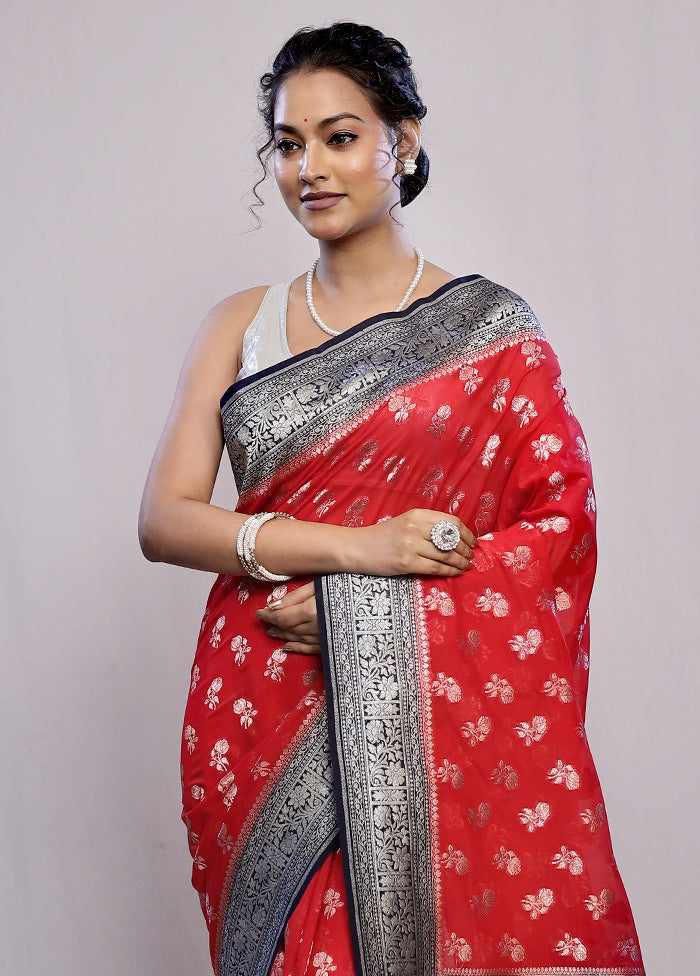 Red Dupion Silk Saree With Blouse Piece - Indian Silk House Agencies