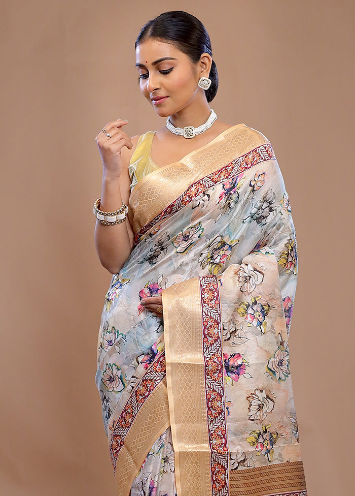 Cream Printed Silk Saree Without Blouse Piece - Indian Silk House Agencies