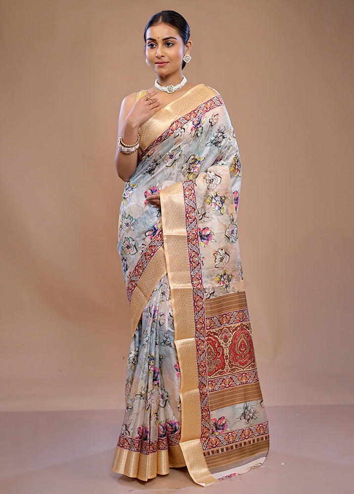 Cream Printed Silk Saree Without Blouse Piece - Indian Silk House Agencies