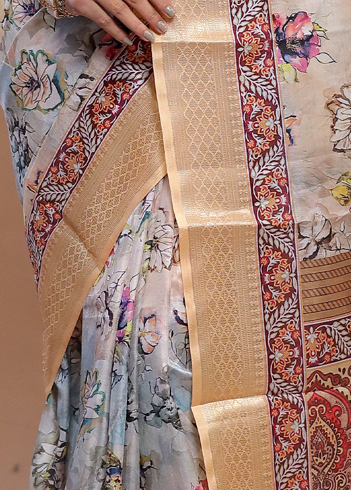 Cream Printed Silk Saree Without Blouse Piece - Indian Silk House Agencies