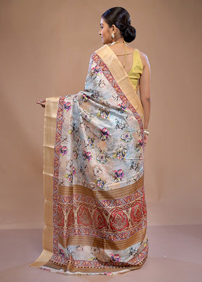 Cream Printed Silk Saree Without Blouse Piece - Indian Silk House Agencies