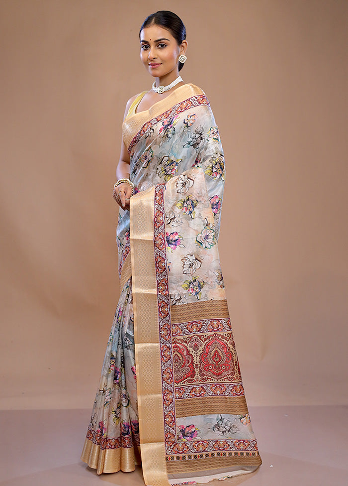 Cream Printed Silk Saree Without Blouse Piece - Indian Silk House Agencies