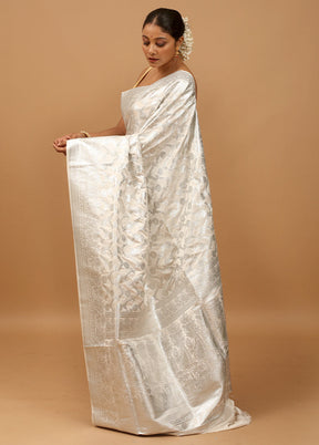 White Banarasi Silk Saree With Blouse Piece