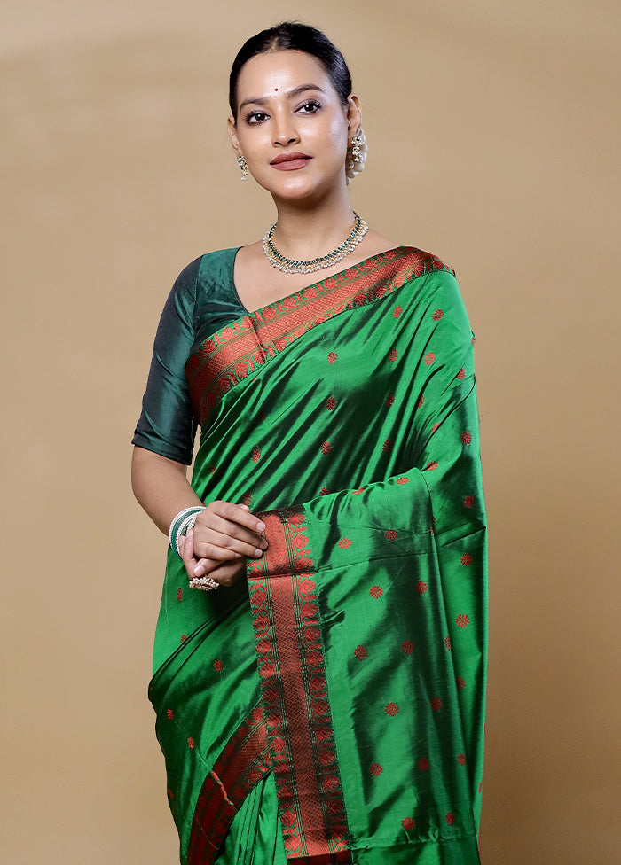 Green Handloom Assam Pure Silk Saree With Blouse Piece