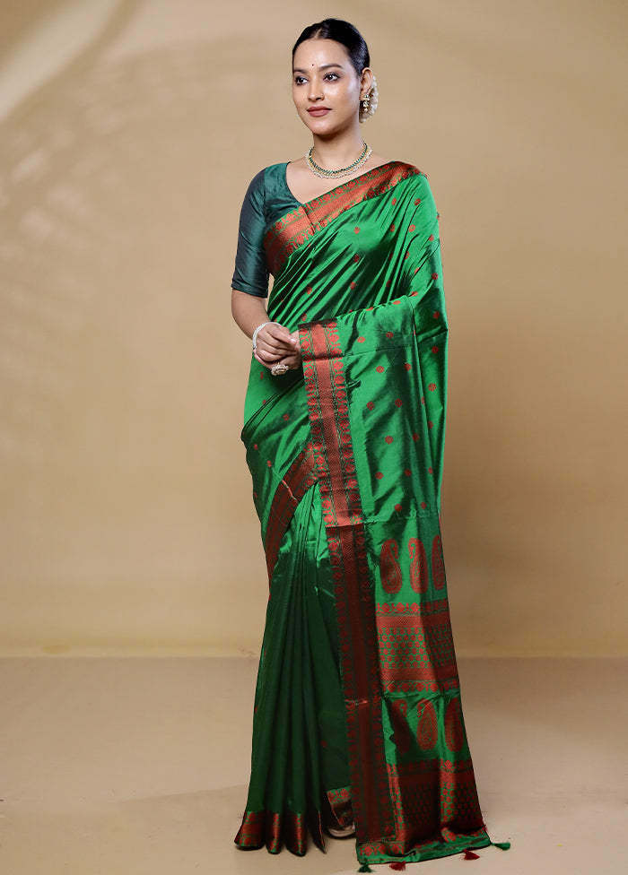 Green Handloom Assam Pure Silk Saree With Blouse Piece