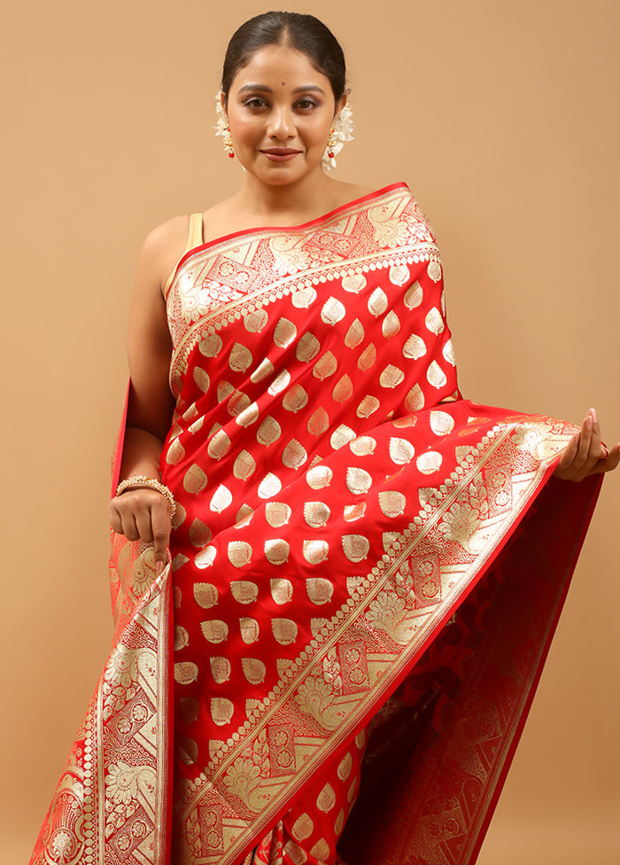 Red Banarasi Silk Saree With Blouse Piece