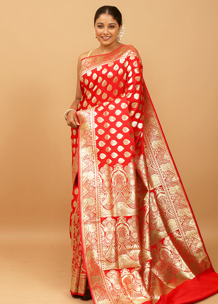 Red Banarasi Silk Saree With Blouse Piece