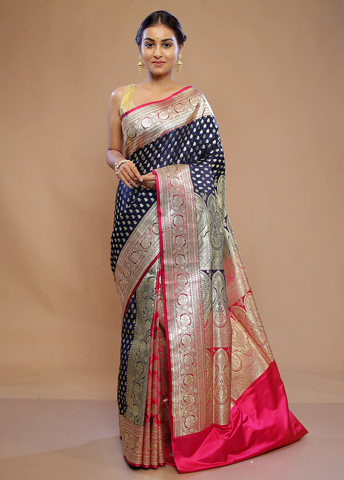 Blue Banarasi Silk Saree With Blouse Piece - Indian Silk House Agencies