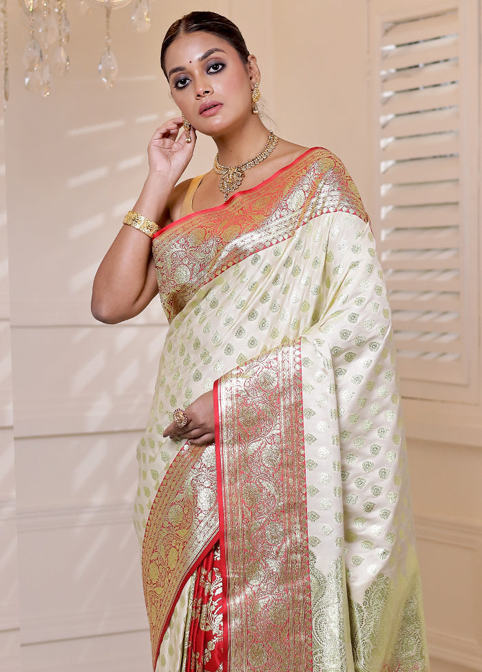 Cream Banarasi Silk Saree With Blouse Piece