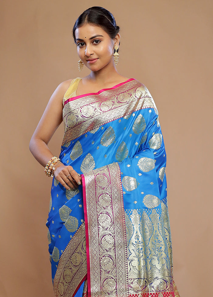 Blue Banarasi Silk Saree With Blouse Piece - Indian Silk House Agencies