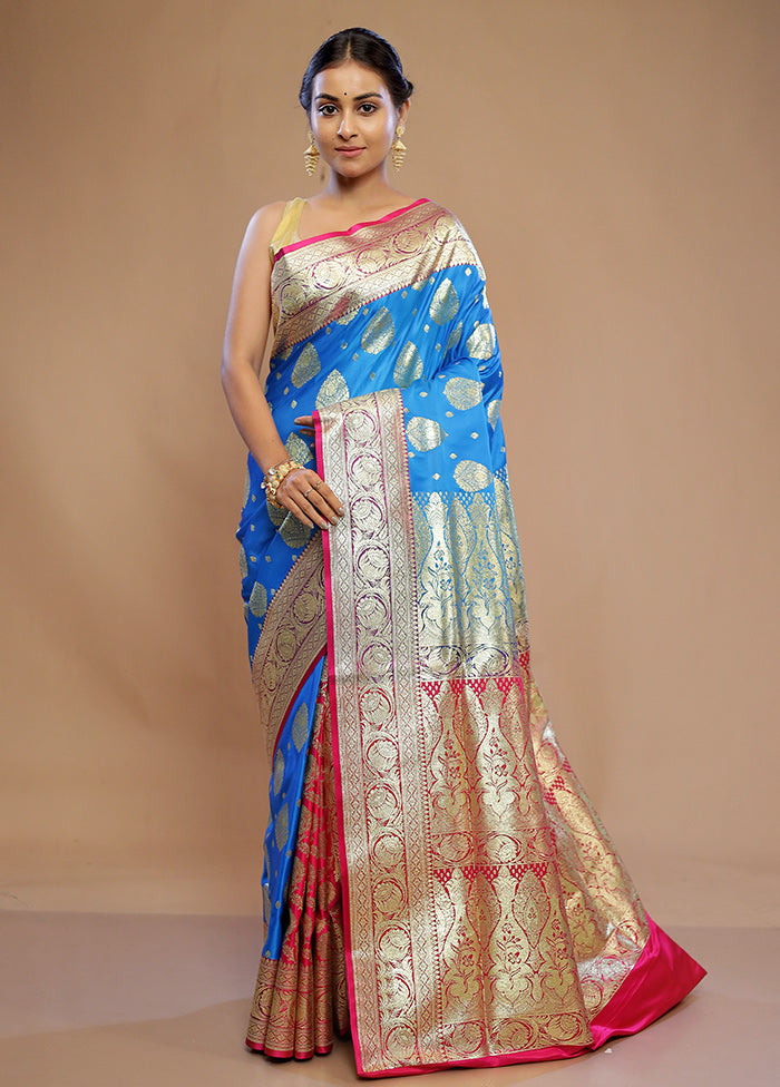 Blue Banarasi Silk Saree With Blouse Piece - Indian Silk House Agencies