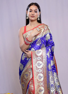 Blue Banarasi Silk Saree With Blouse Piece - Indian Silk House Agencies