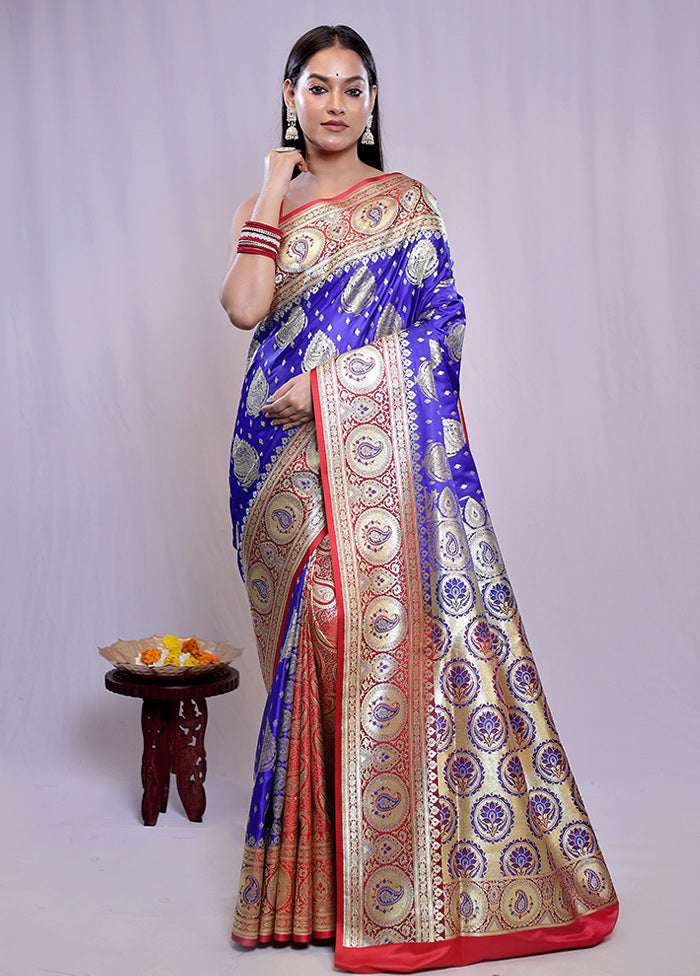 Blue Banarasi Silk Saree With Blouse Piece - Indian Silk House Agencies