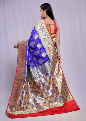 Blue Banarasi Silk Saree With Blouse Piece - Indian Silk House Agencies