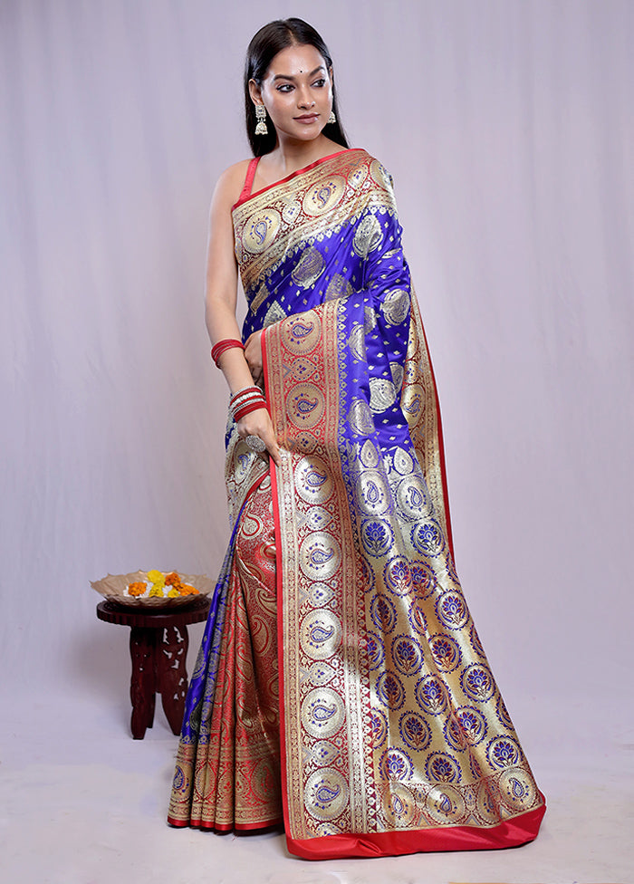 Blue Banarasi Silk Saree With Blouse Piece - Indian Silk House Agencies