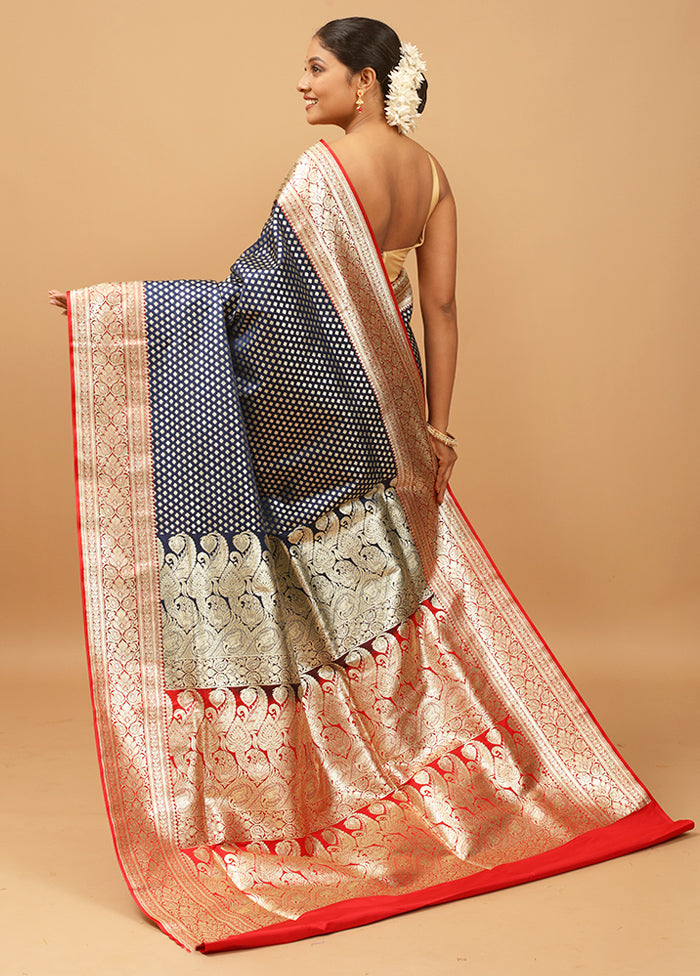 Blue Banarasi Silk Saree With Blouse Piece