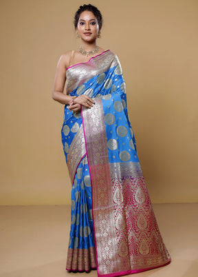 Blue Banarasi Silk Saree With Blouse Piece