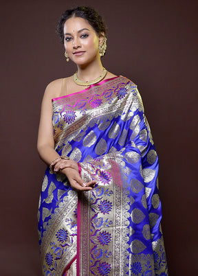 Blue Banarasi Silk Saree With Blouse Piece