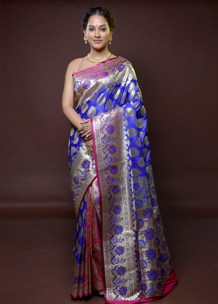 Blue Banarasi Silk Saree With Blouse Piece