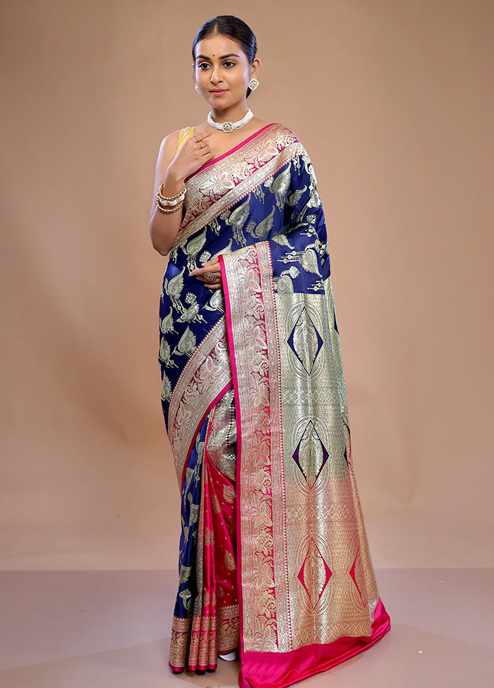 Blue Banarasi Silk Saree With Blouse Piece - Indian Silk House Agencies