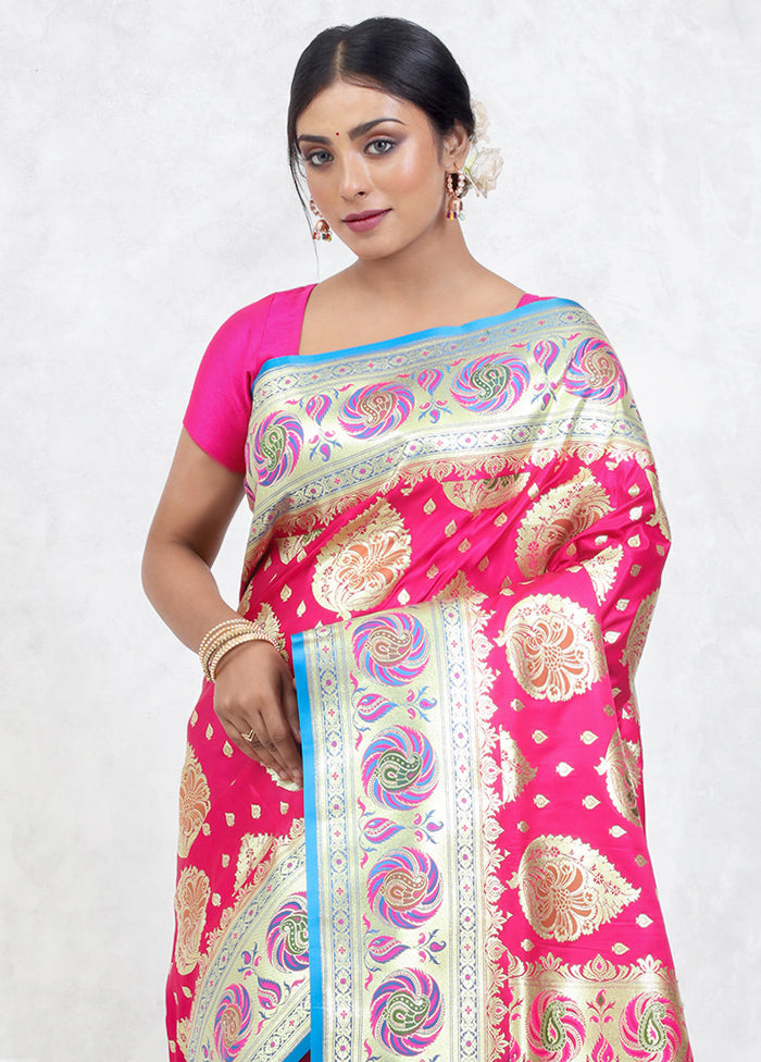 Pink Banarasi Silk Saree Without Blouse Piece - Indian Silk House Agencies