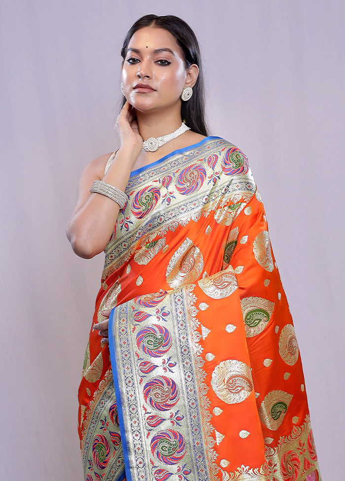 Orange Banarasi Silk Saree With Blouse Piece - Indian Silk House Agencies