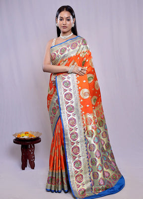 Orange Banarasi Silk Saree With Blouse Piece - Indian Silk House Agencies