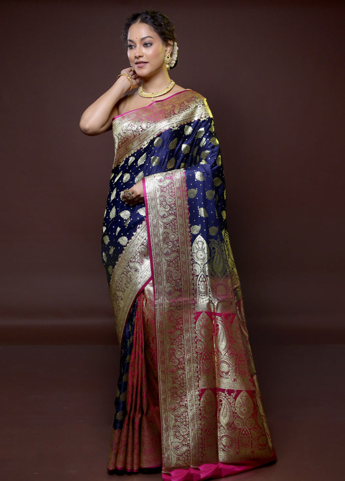 Blue Banarasi Silk Saree With Blouse Piece