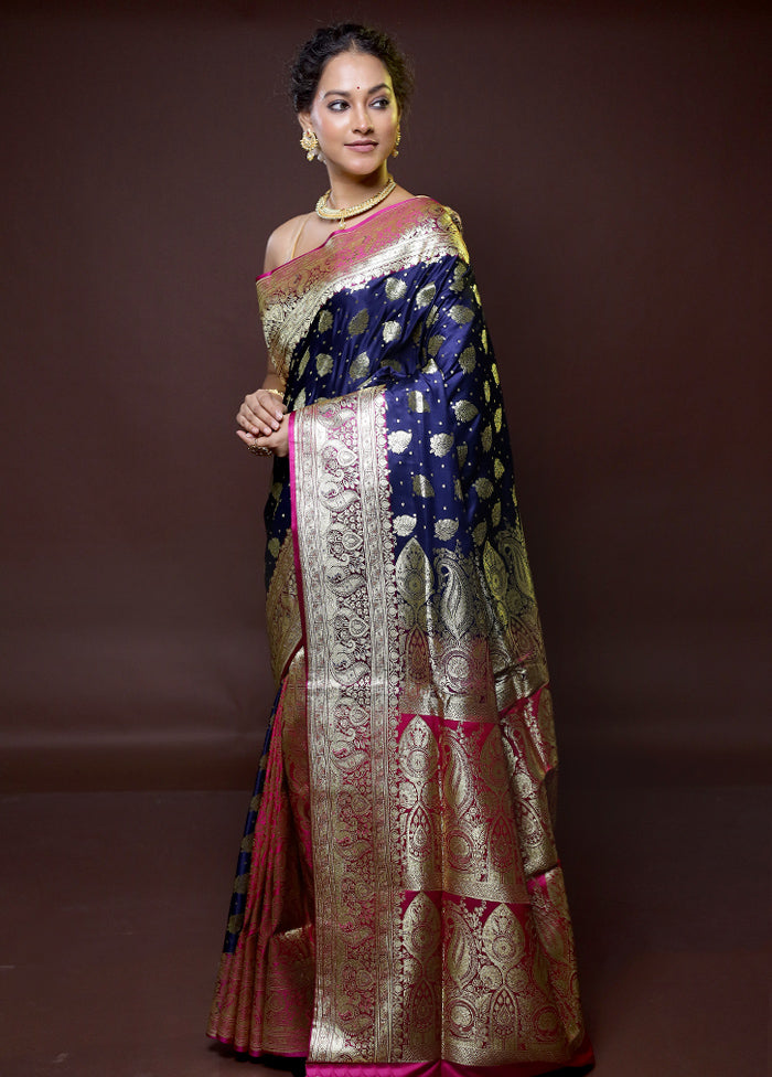 Blue Banarasi Silk Saree With Blouse Piece