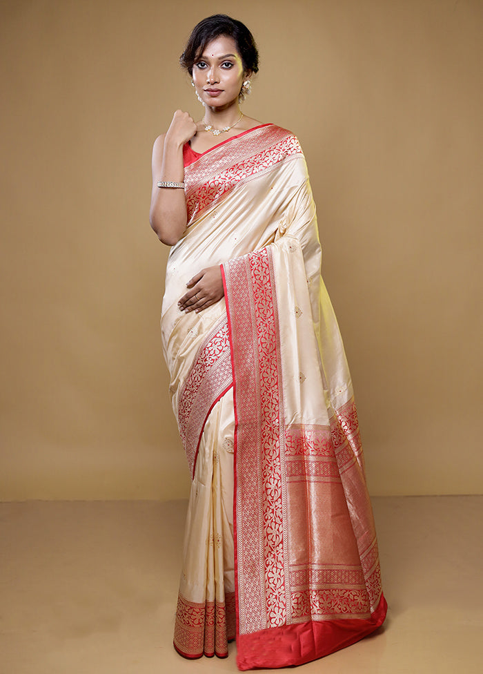 Cream Handloom Katan Pure Silk Saree With Blouse Piece