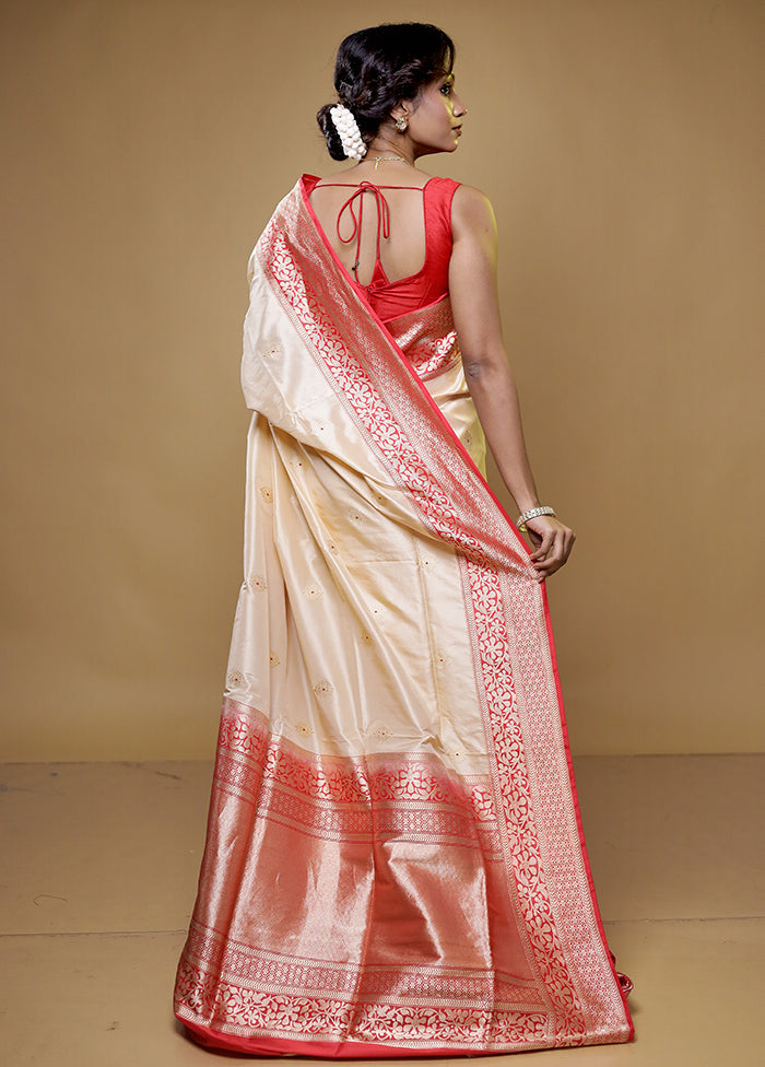 Cream Handloom Katan Pure Silk Saree With Blouse Piece