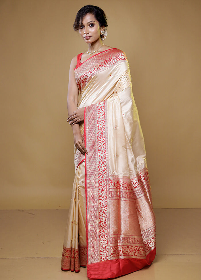 Cream Handloom Katan Pure Silk Saree With Blouse Piece