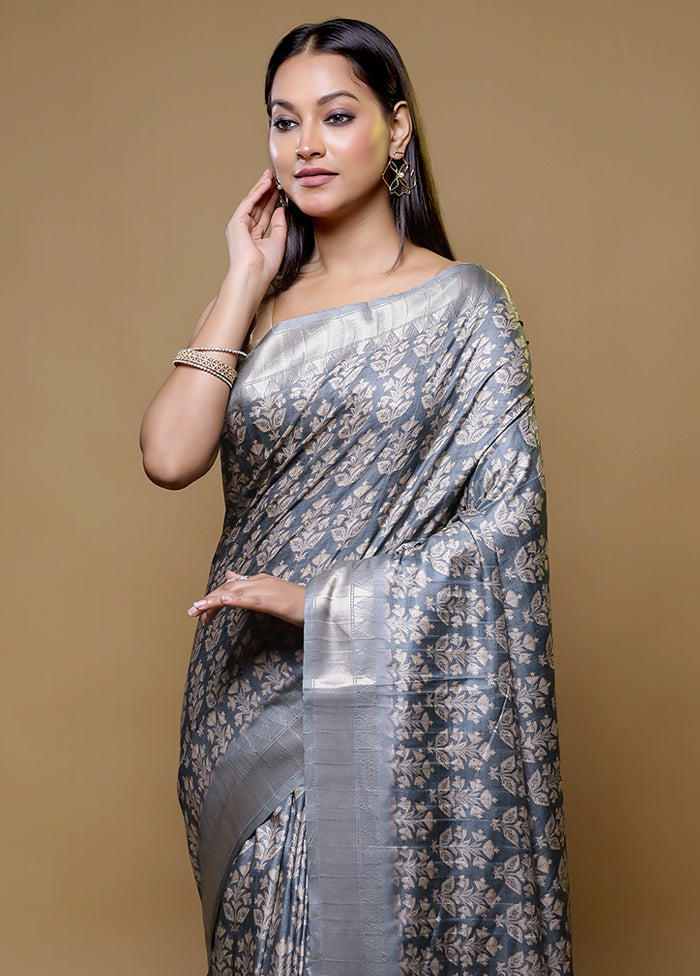 Grey Dupion Silk Saree With Blouse Piece