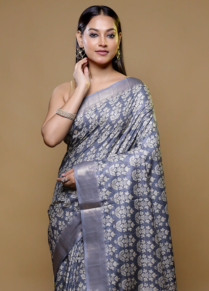 Grey Dupion Silk Saree With Blouse Piece