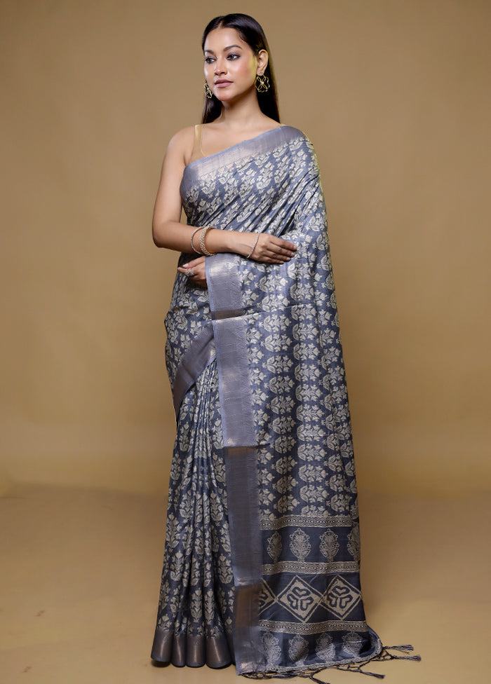 Grey Dupion Silk Saree With Blouse Piece