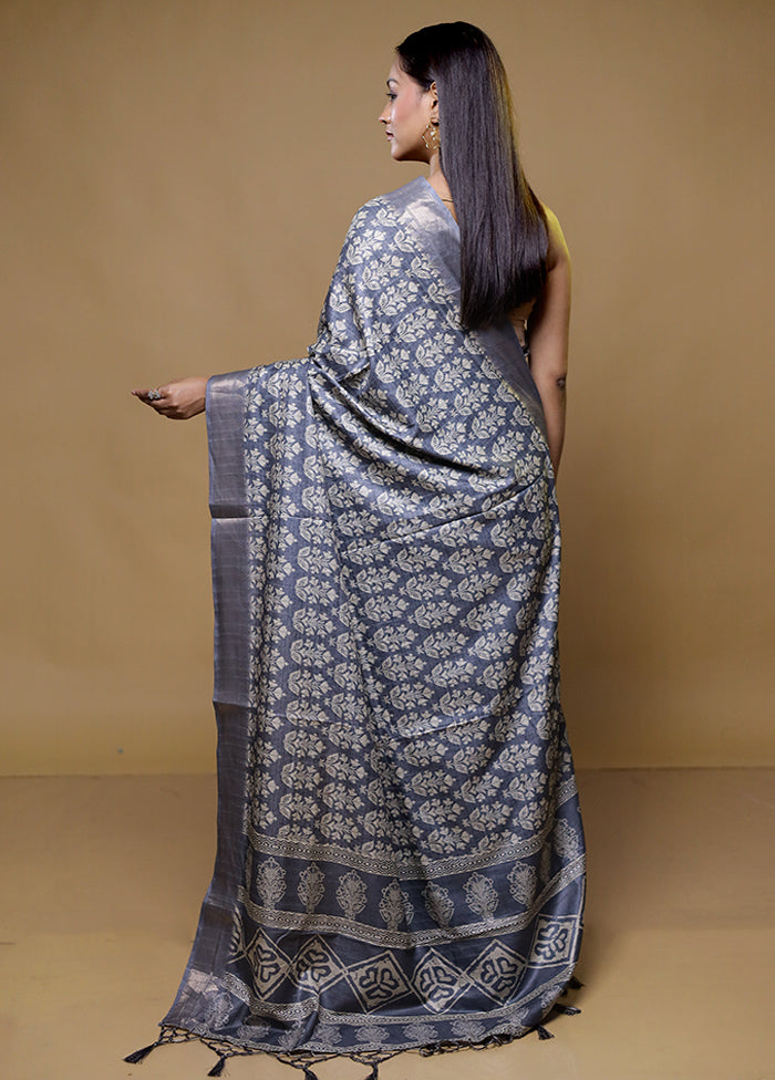 Grey Dupion Silk Saree With Blouse Piece