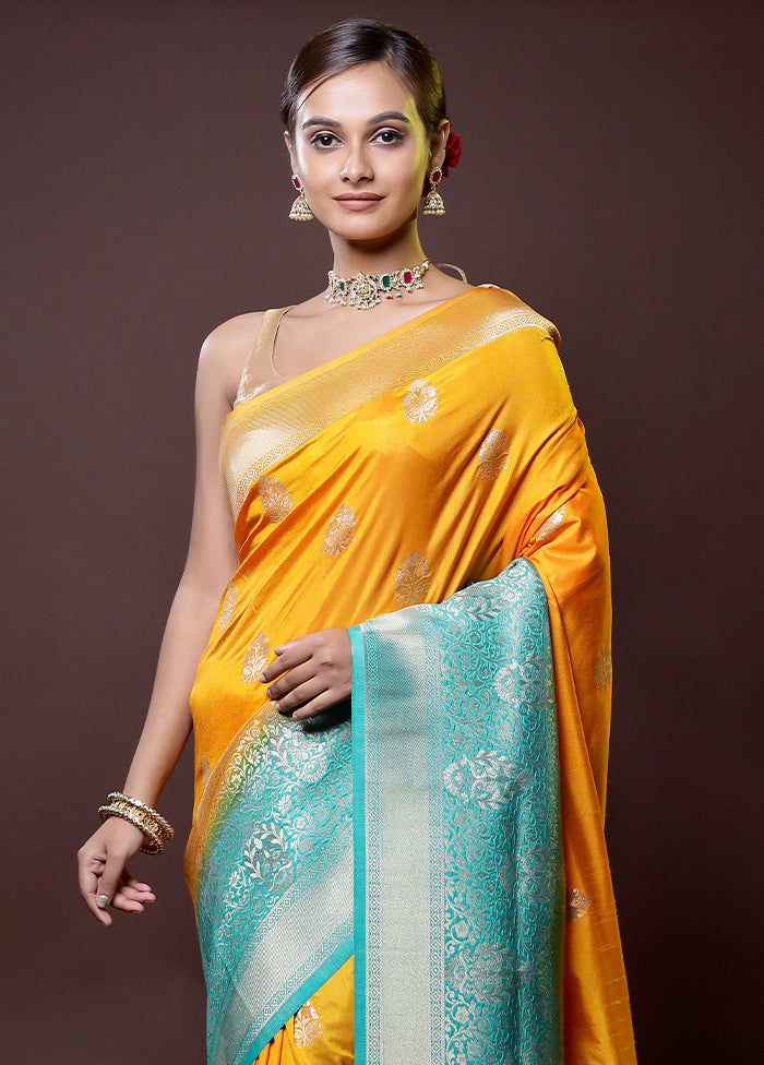 Yellow Dupion Silk Saree With Blouse Piece