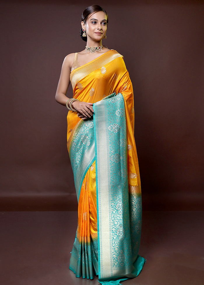 Yellow Dupion Silk Saree With Blouse Piece