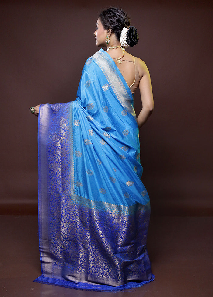 Blue Dupion Silk Saree With Blouse Piece