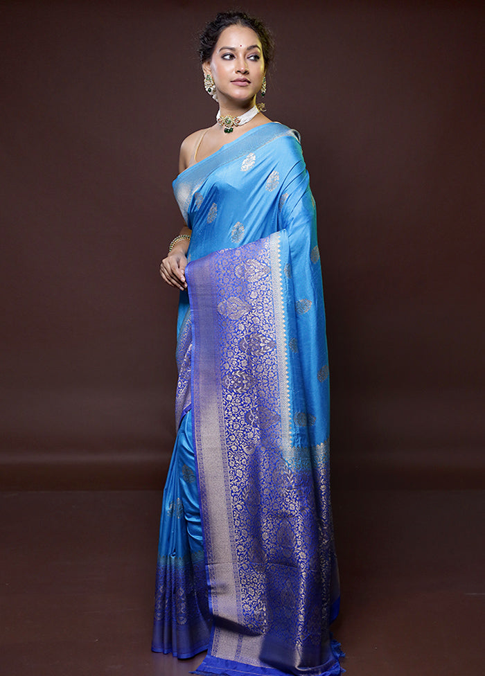 Blue Dupion Silk Saree With Blouse Piece