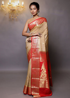 Cream Kanjivaram Silk Saree With Blouse Piece