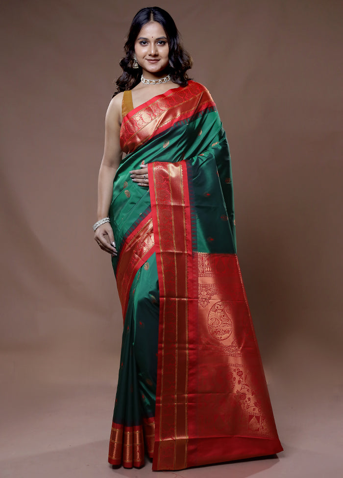 Green Kanjivaram Silk Saree With Blouse Piece - Indian Silk House Agencies