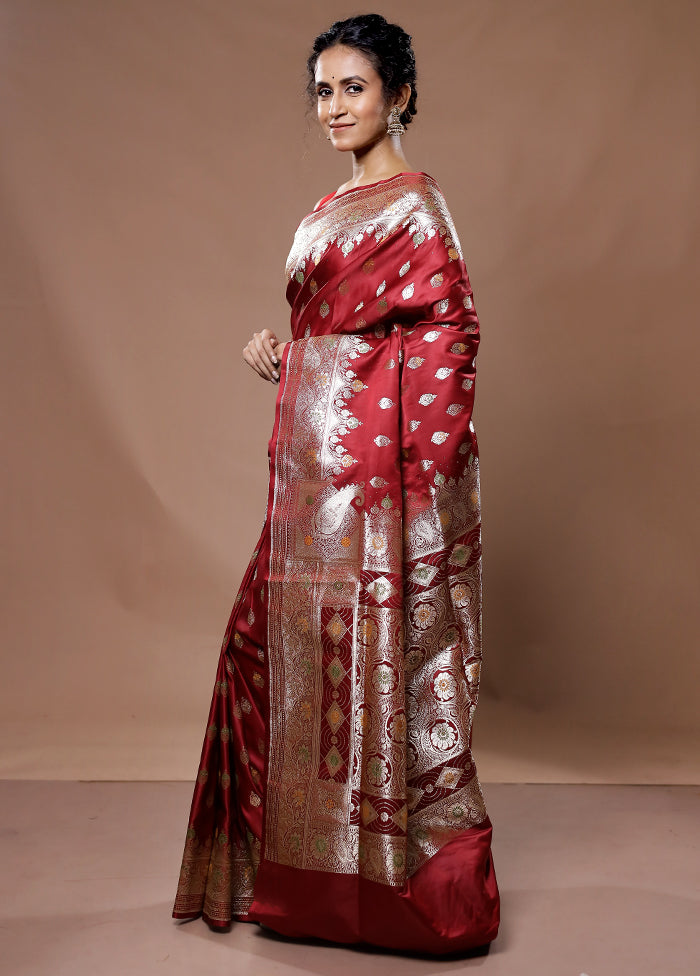 Maroon Banarasi Silk Saree With Blouse Piece - Indian Silk House Agencies