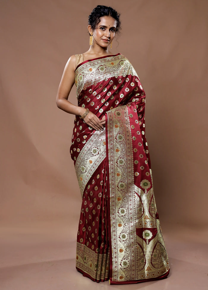 Maroon Banarasi Silk Saree With Blouse Piece - Indian Silk House Agencies