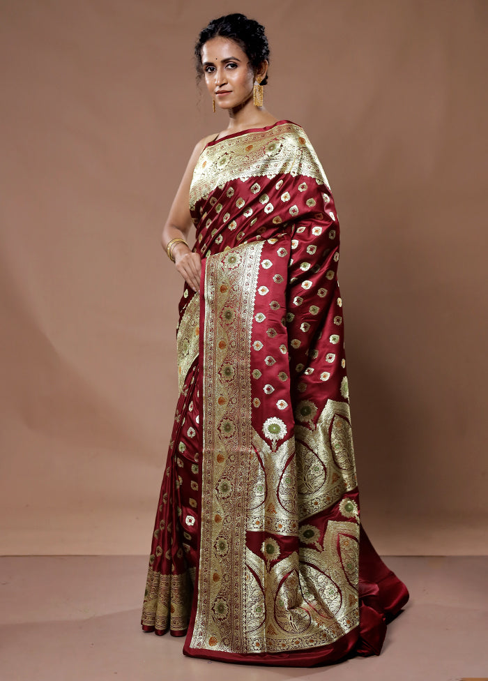 Maroon Banarasi Silk Saree With Blouse Piece - Indian Silk House Agencies